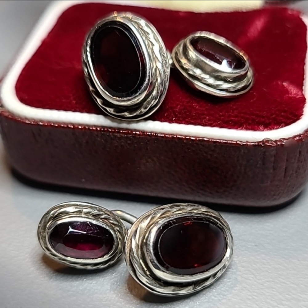 RARE Estate Sterling Cufflinks Pyrope Garnet Double Sided Vintage